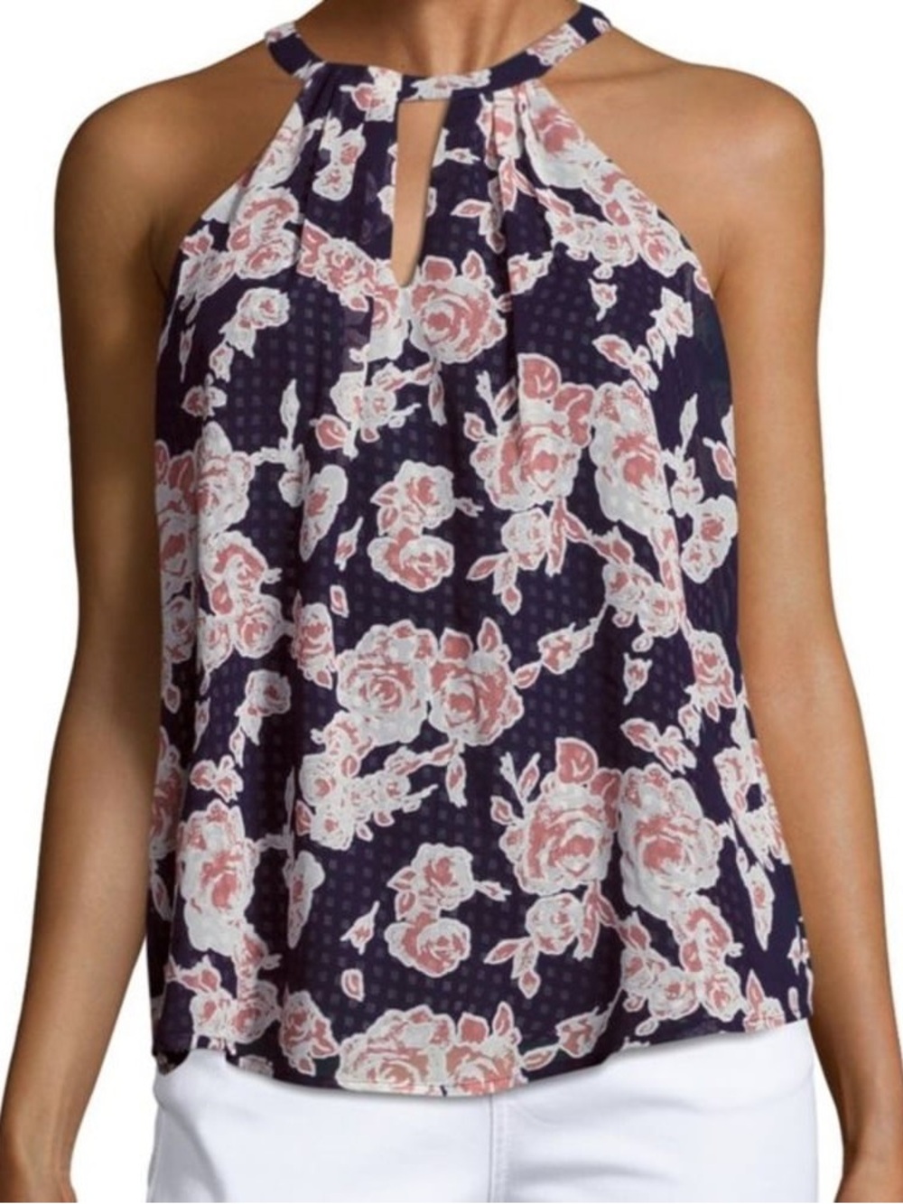 New! Greylin Floral Gingham Layered Chiffon Halter Blouse Womens Size Large